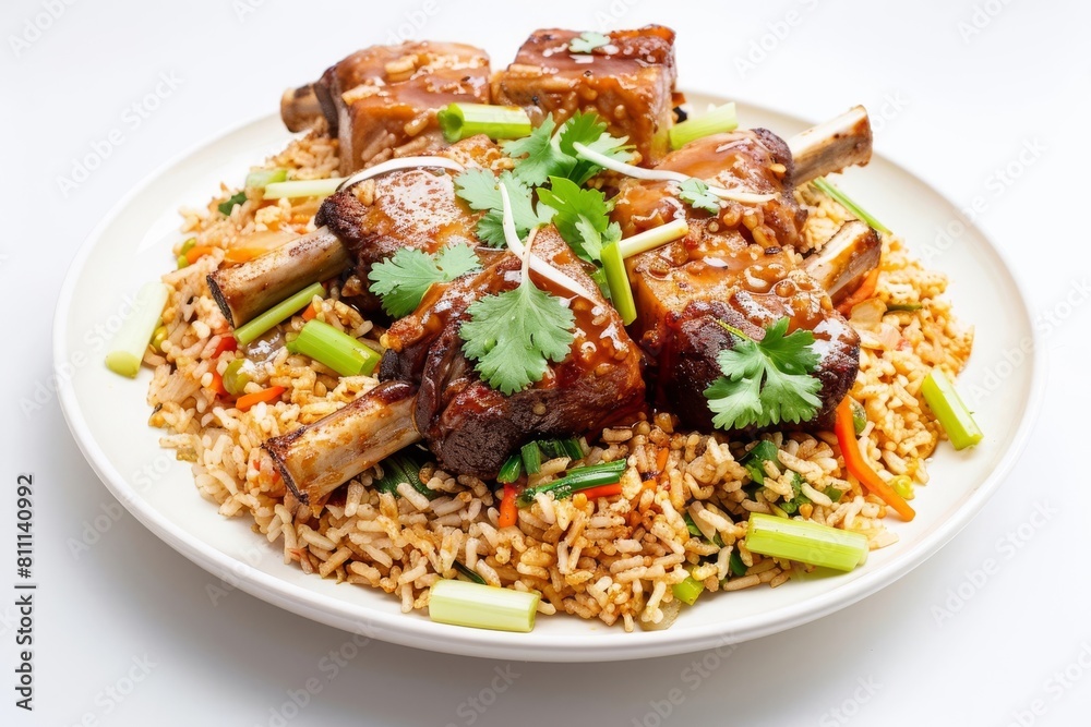 Scallions and Cilantro Adorned Juicy Pork Shanks with Fried Rice