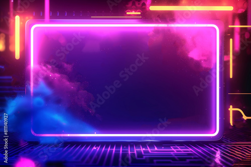 Surreal Neon Portal with Vibrant Pink and Purple Lights Amidst Ethereal Clouds in a Sci-Fi Setting