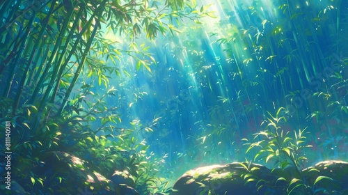 広大な竹林が茂みの間から光を漏らしながら、水彩スタイルの背景で秘密をささやきます。