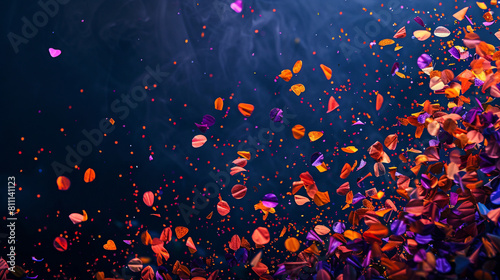A burst of orange and purple confetti scattered across a deep navy blue backdrop  creating a dramatic contrast.