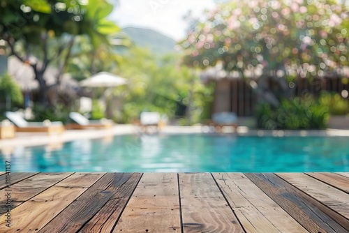 Empty wood table top and blurred swimming pool in tropical resort in summer banner background