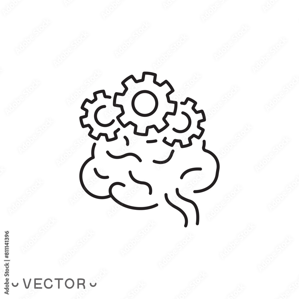 brain with gear icon, creative think, concept correct brain function, mind health, thin line symbol isolated on white background, editable stroke eps 10 vector illustration brain with gear icon, creative think, concept correct brain function, mind health, thin line symbol isolated on white background, editable stroke eps 10 vector illustration