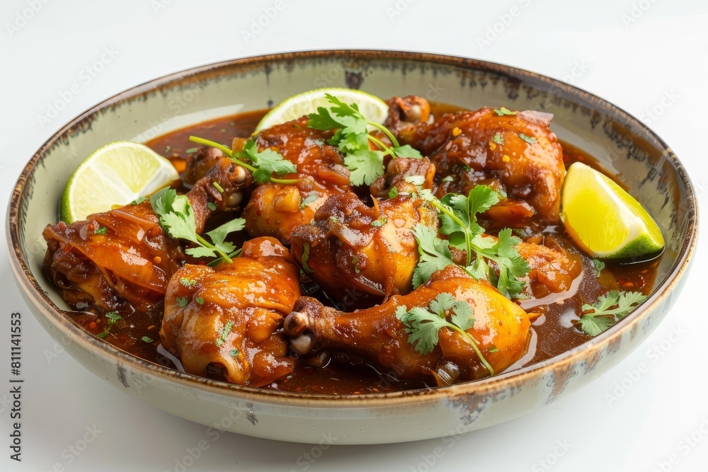 Tender Adobo Chicken in Vibrant Red Sauce with Fresh Herbs and Citrus
