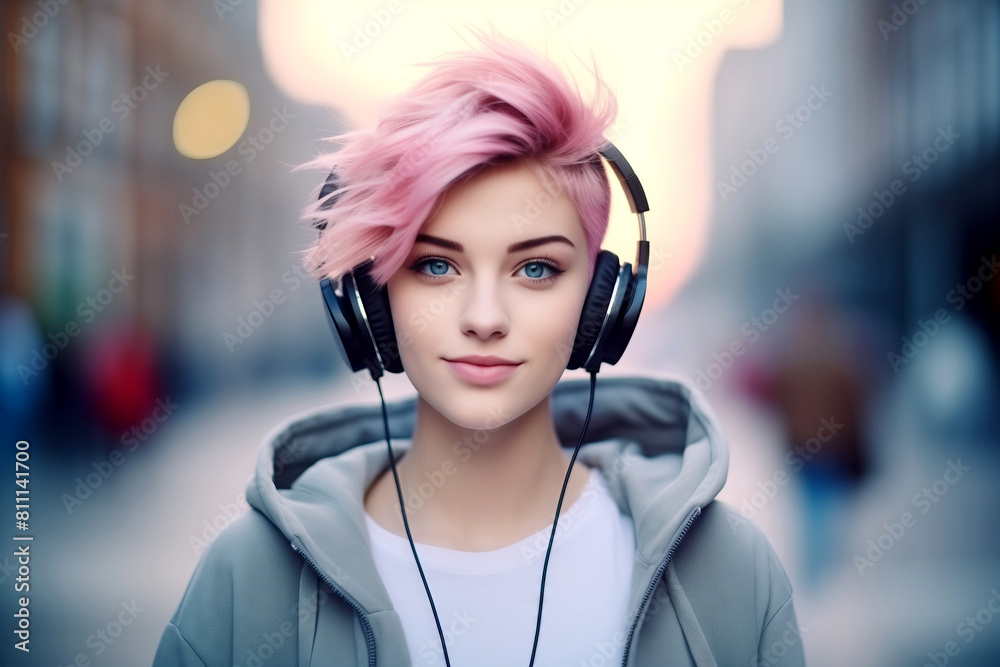 portrait of Young smiling Woman with short Pink Hair and Headphones Walking in Urban blurred background portrait of Young smiling Woman with short Pink Hair and Headphones Walking in Urban blurred background