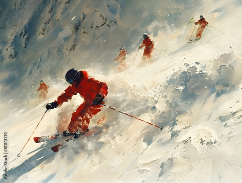Carving Through Freshly Fallen Snow A Group of Skiers Leaving Powder Trails in Their Wake