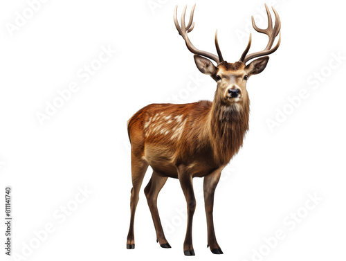 A majestic red deer stands in the forest, its antlers proudly displayed. photo