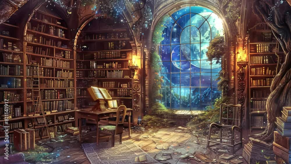 Magical Library. Fantasy Office. Fantasy and fairy tale setting video. Loop animation for relaxing music video