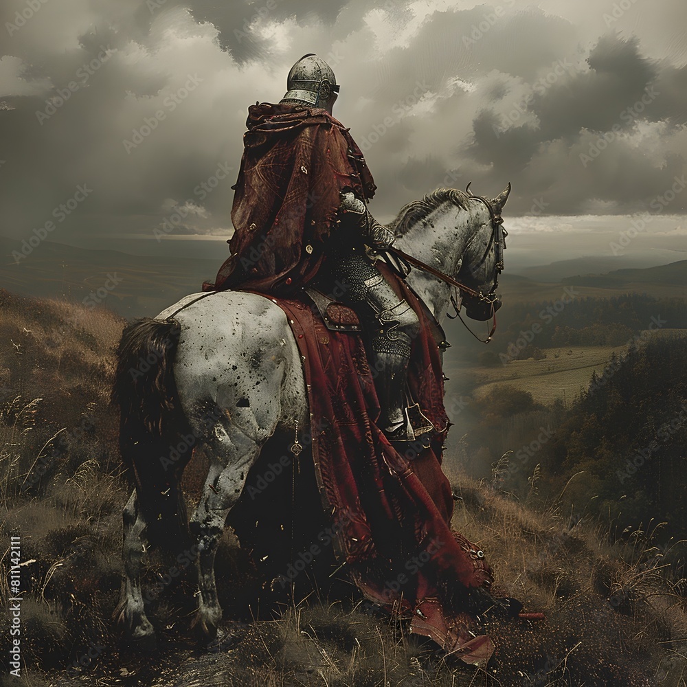 Naklejka premium Majestic Medieval Knight on Horseback Rides Through Stormy Landscape