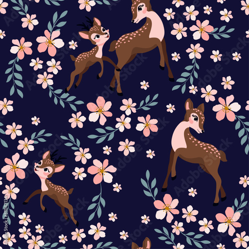 Little baby deer and mother, seamless pattern design, vector illustration, artwork for kids prints, wallpapers, t shirts, fabrics.