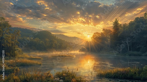Golden misty sunrise on the pond in the autumn morning. Trees with rays of the sun cutting through the branches  reflected in the water. AI generated illustration