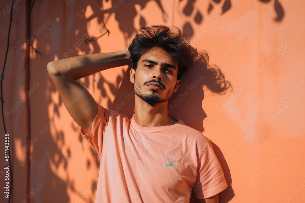 young handsome man standing on wall background young handsome man standing on wall background