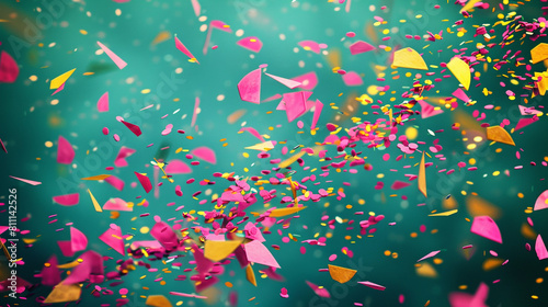 Bright pink and lemon yellow confetti exploding on a dark teal background, creating a lively and festive environment.