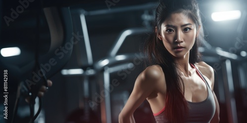 A focused Asian woman confidently holds a bar in a gym.
