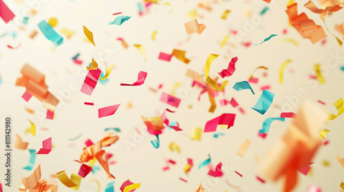 Cheerful confetti dispersal over a light cream background  creating a soft and inviting celebration scene in ultra HD.