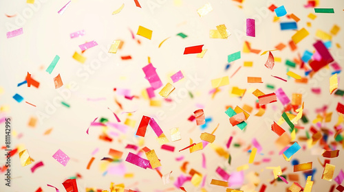Cheerful confetti dispersal over a light cream background, creating a soft and inviting celebration scene in ultra HD. photo