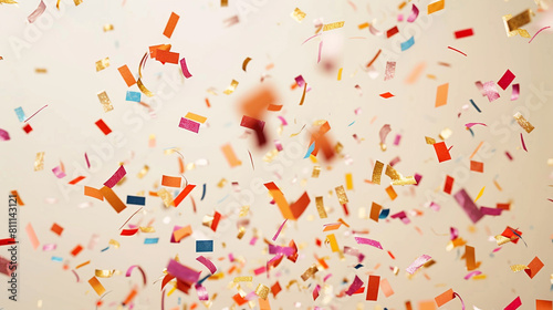 Cheerful confetti dispersal over a light cream background, creating a soft and inviting celebration scene in ultra HD.