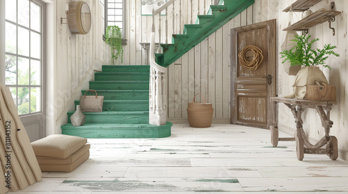 Chic entrance with an emerald green staircase rustic wooden door and creamy white hardwood floors