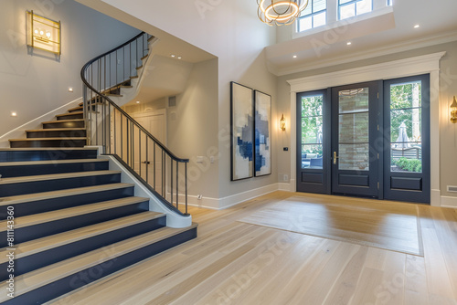 Chic home entry with a classic navy staircase expansive front door and light hardwood flooring extending to an elevated ceiling Rich sophisticated hues