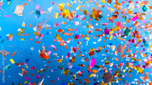Colorful confetti toss on a bright cobalt blue background  mirroring a vivid celebration in high resolution.