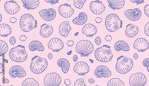 Seamless pattern of hand drawn seashells on pink background. Marine-inspired design. Coastal and beach theme concept for textile, wallpaper, and interior design.