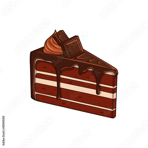 Delicious slice of chocolate cake brownies with brown dark chocolate in a white background