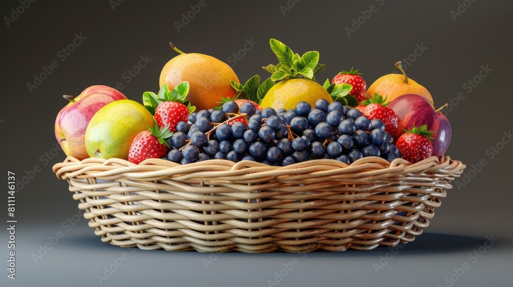 3D realistic image of a fruit basket, clean lighting, isolated on background 3D realistic image of a fruit basket, clean lighting, isolated on background
