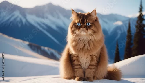 Fototapeta international cat day with a beautiful persian cats with blue eyes are standing behind them concept of day light with natural background