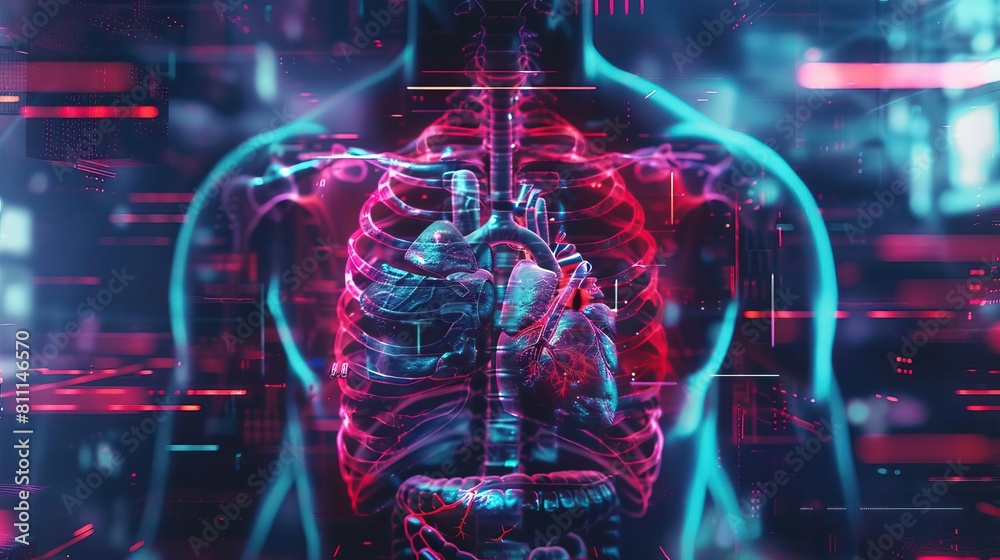 A chest Xray visualization in a cyberpunk style, showing a healthy males lung, heart, spine, and clavicle, enhanced with vibrant, hightech digital effects for a dystopian aesthetic A chest Xray visualization in a cyberpunk style, showing a healthy males lung, heart, spine, and clavicle, enhanced with vibrant, hightech digital effects for a dystopian aesthetic