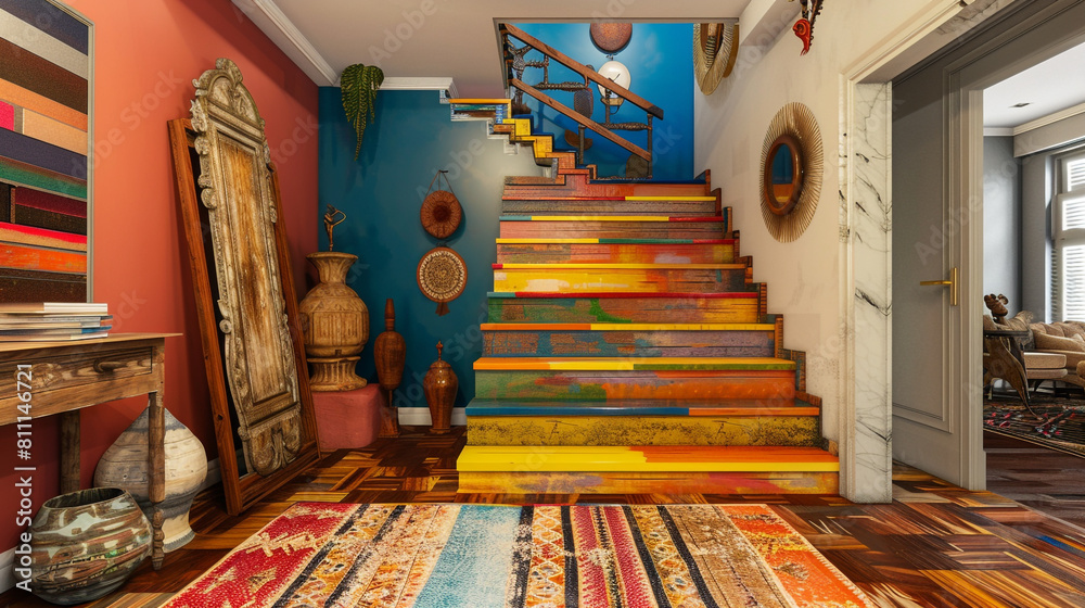 Eclectic apartment entrance hall featuring a colorful wooden staircase and unique decorative elements