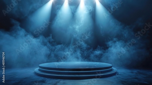 elegant display podium scene. The circular pedestal, illuminated by spotlights against a blue background with smoke