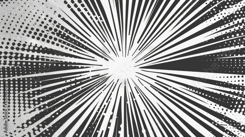A stark black and white star burst creating a bold contrast against the textured background.