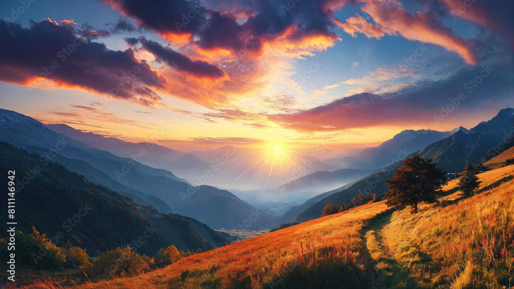 Natural landscape, beautiful sunrise above mountains 16:9 with copyspace