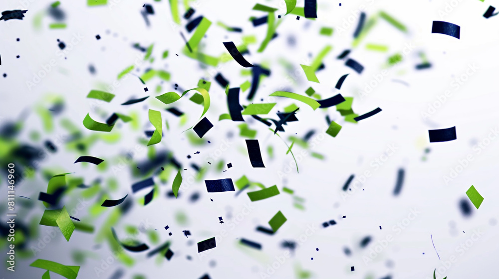 Electric green and navy blue confetti exploding on a pure white background, capturing the essence of celebration.