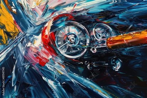A painting of a car with a steering wheel. Suitable for automotive industry promotions
