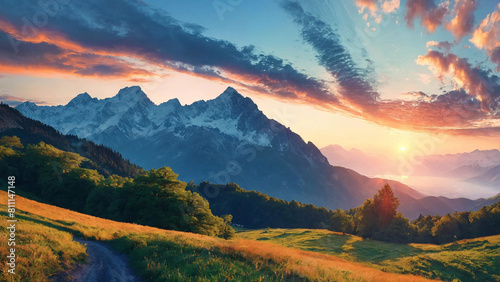 Natural landscape, beautiful sunrise above mountains 16:9 with copyspace © Eduardo