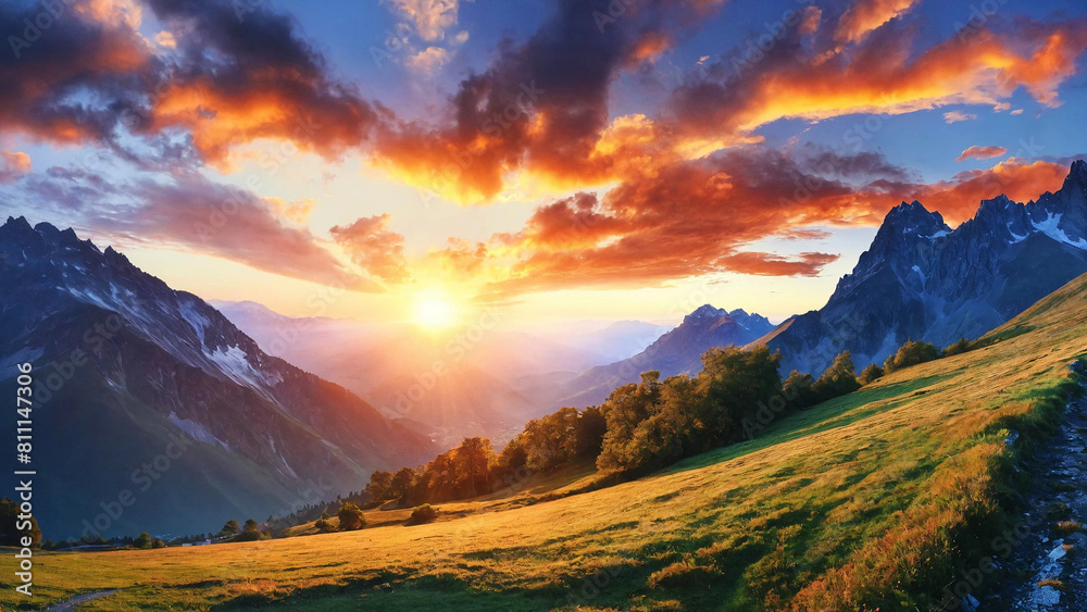 Natural landscape, beautiful sunrise above mountains 16:9 with copyspace