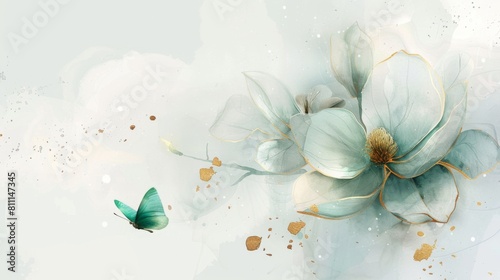 Turquoise flower and a green butterfly flying  in watercolor art style