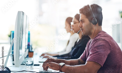 Photos Contact us, customer service and business people in call center office consulting for faq, crm or b2b networking