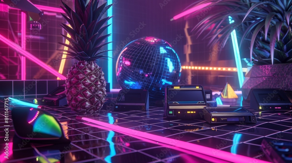 1980s party vibes with a pineapple disco ball, retro cassette tapes, neon lights, and dynamic geometric patterns 1980s party vibes with a pineapple disco ball, retro cassette tapes, neon lights, and dynamic geometric patterns