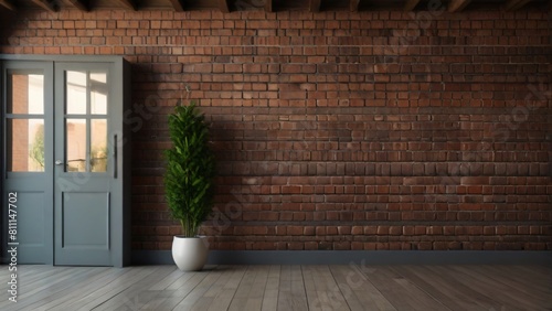vase branch and door with wall bricks background