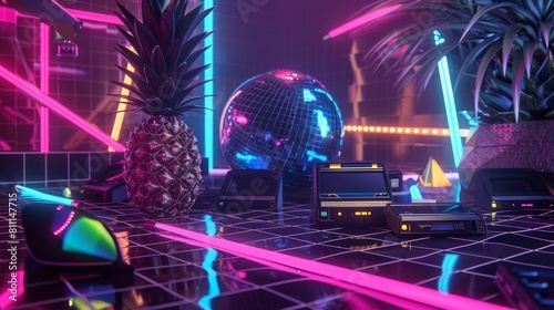 1980s party vibes with a pineapple disco ball  retro cassette tapes  neon lights  and dynamic geometric patterns