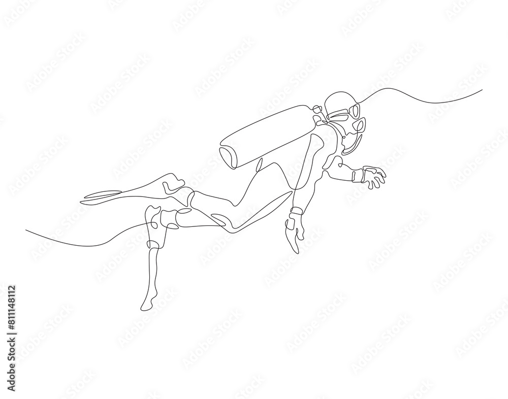 Continuous one line drawing of scuba diver diving in underwater. One line drawing illustration of scuba diver. Diving sport concept continuous line art. Editable outline.