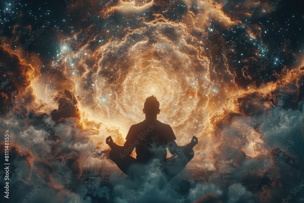 A man sitting in a lotus position in front of a spiral of fire. Suitable for meditation and relaxation concepts A man sitting in a lotus position in front of a spiral of fire. Suitable for meditation and relaxation concepts