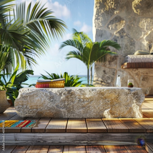 Polished stone podium atop a wooden table, under warm sunlight and colorful beach towels, suitable for presenting travel gear or summer beverages