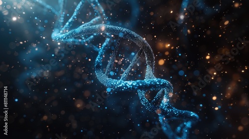 A photo of a double strand of blue and white DNA against a black background. photo
