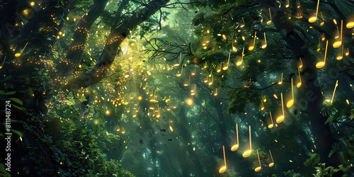 Enchanted Forest Melodies: Music Notes Integrated into the Branches and Leaves of a Magical Forest. photo