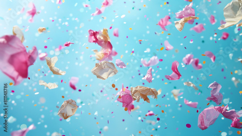 Festive confetti scattering across a cool ice blue backdrop, captured with pristine clarity and a joyous vibe.