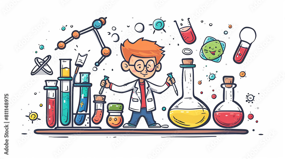 Illustration of a white background with a scientist conducting an experiment and achieving success. Illustration of a white background with a scientist conducting an experiment and achieving success.