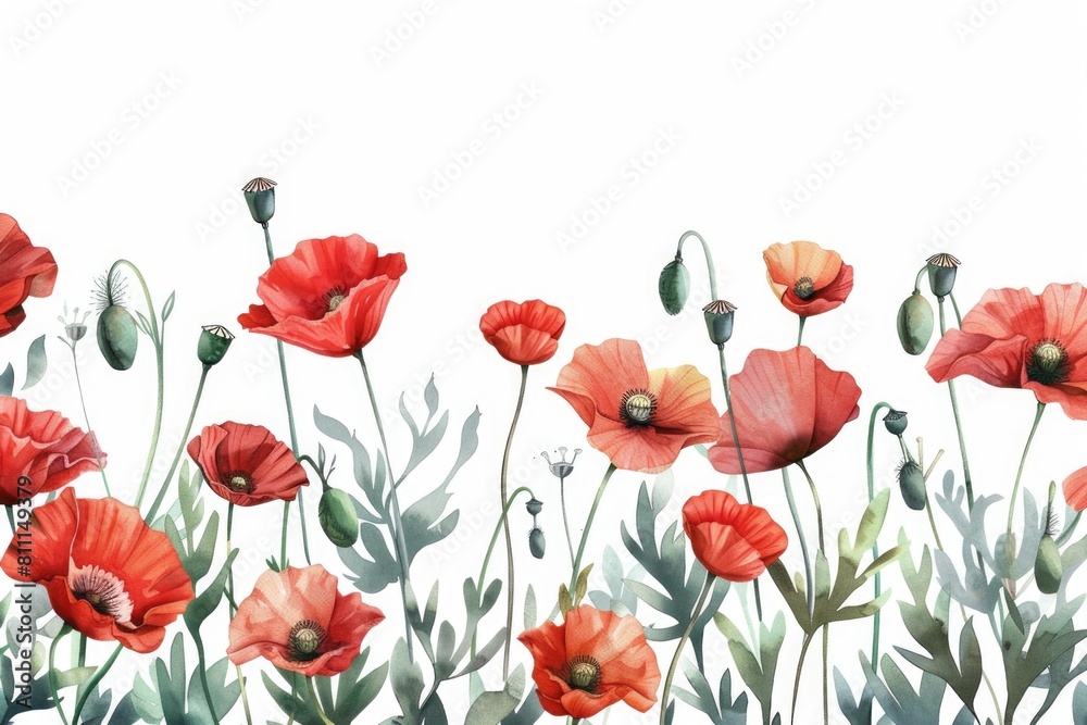 Vibrant painting of a field of red poppies. Ideal for nature and floral designs