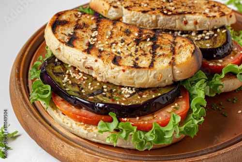 Yummy North African Sandwich with Kesra Bread, Grilled Eggplant, and Spicy Harissa Spread photo